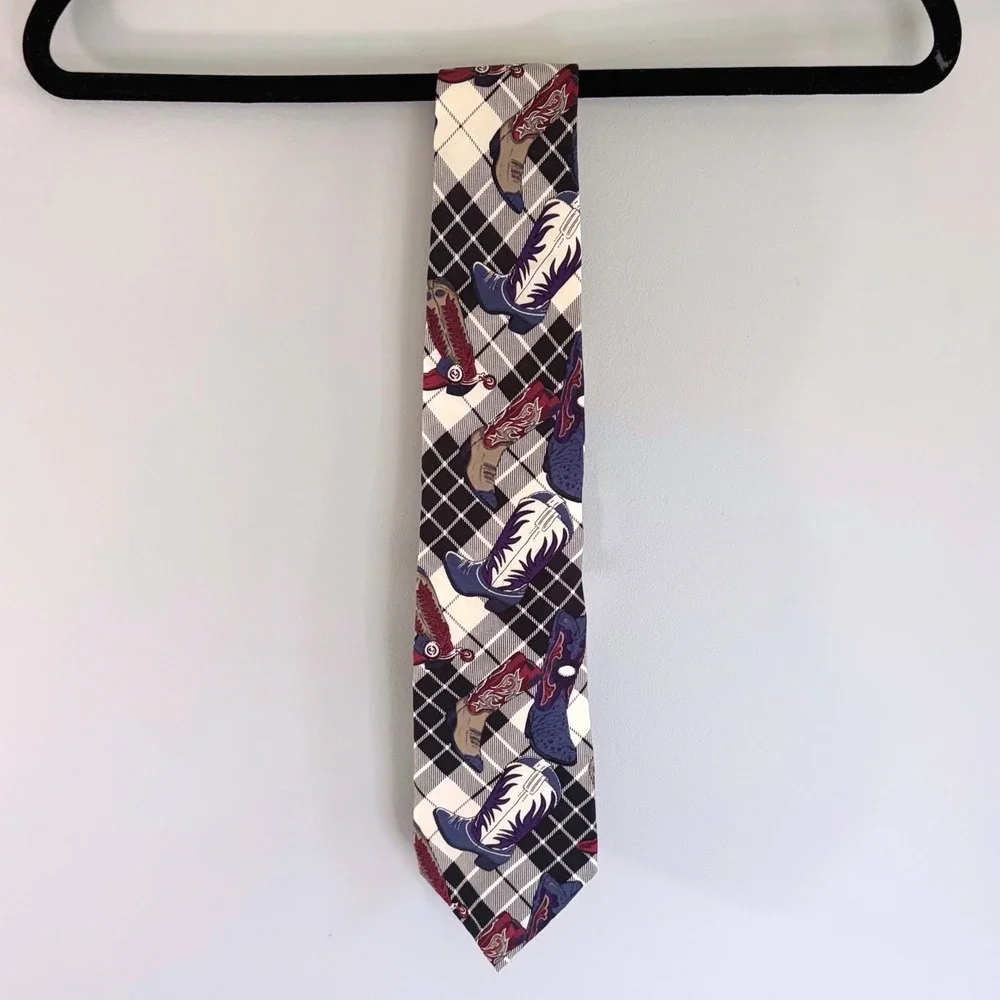 Gant Mens Silk Tie Plaid Cowboy Boots Western country Print Black White Blue USA